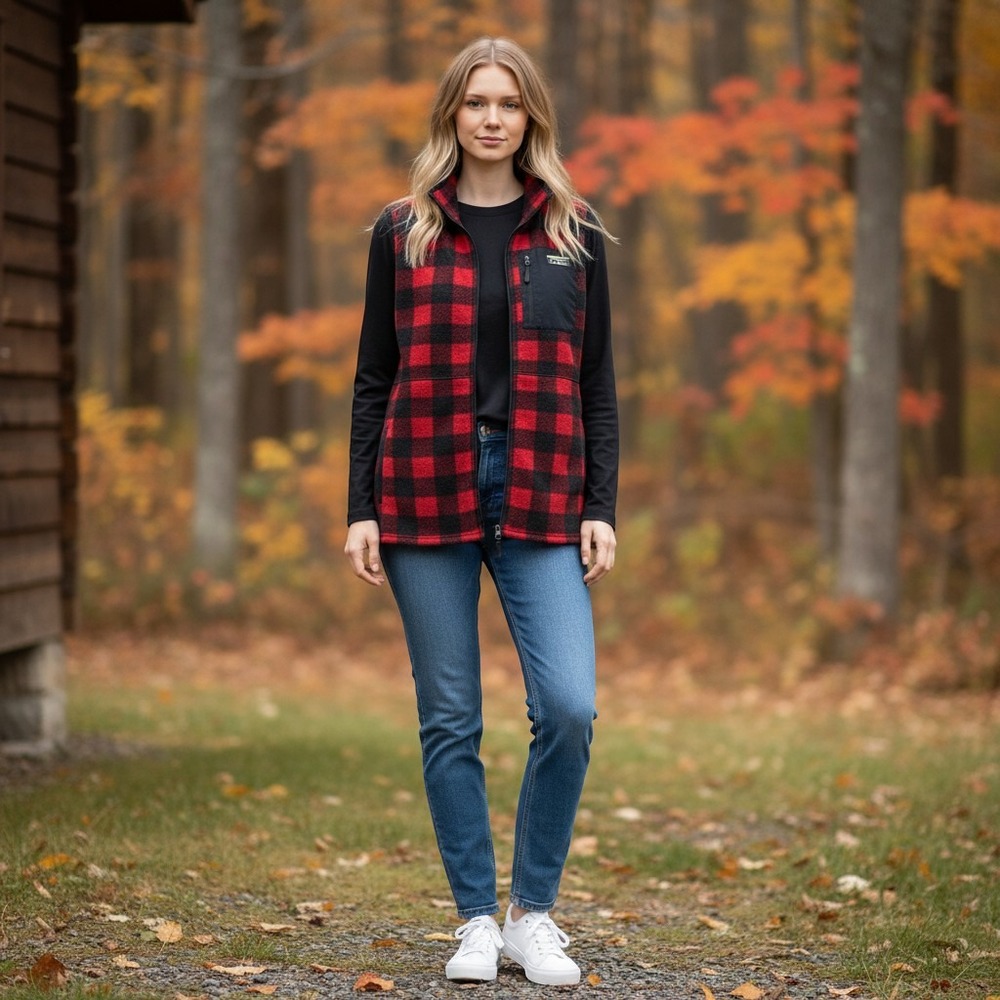 LL Bean Sweater Fleece Vest Women XL Red Buffalo Plaid Full Zip Outdoor Layering